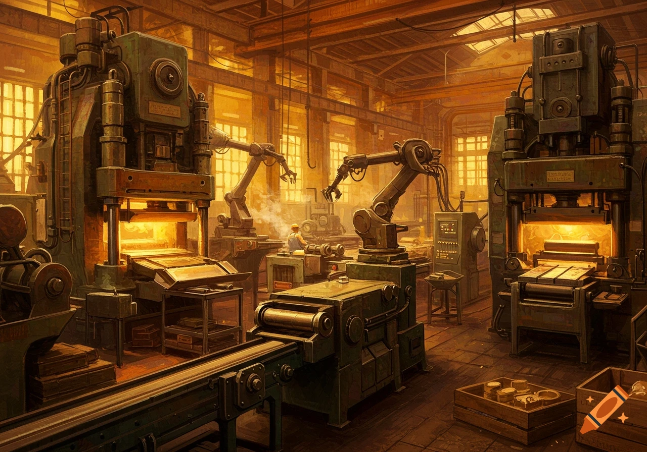 Oil painting of a factory floor with large green machinery, robotic arms, and a worker.