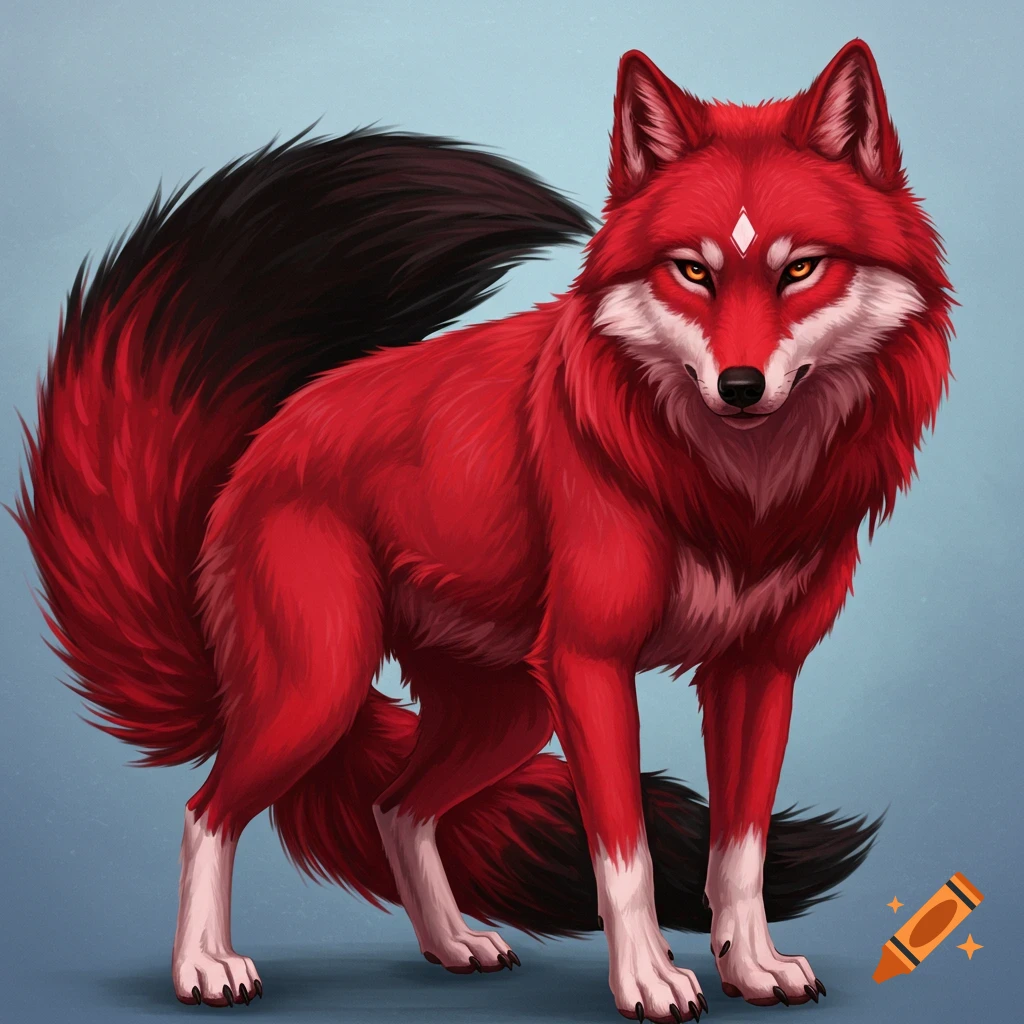 Illustration of a red wolf with a black tail, white paws, and a white diamond on its forehead.