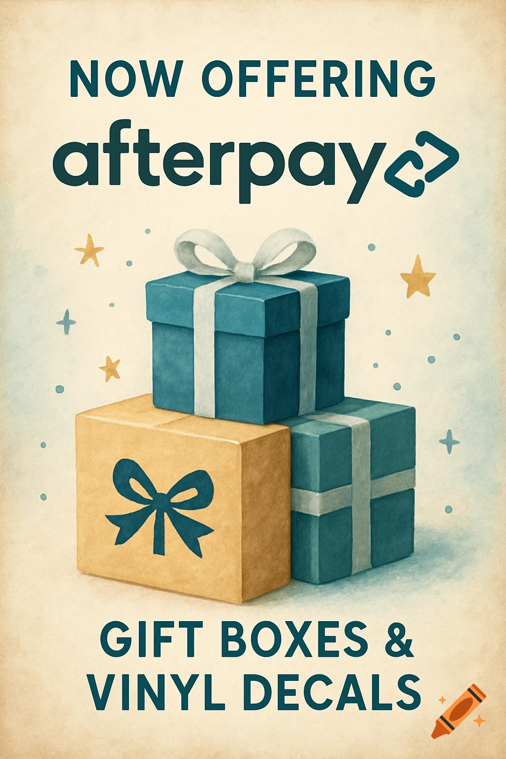 Illustration of a stack of gift boxes advertising Afterpay and gift boxes & vinyl decals.