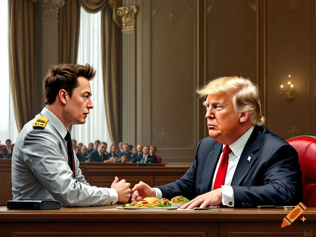 Elon Musk faces Donald Trump across table in courtroom, Trump eats tacos.