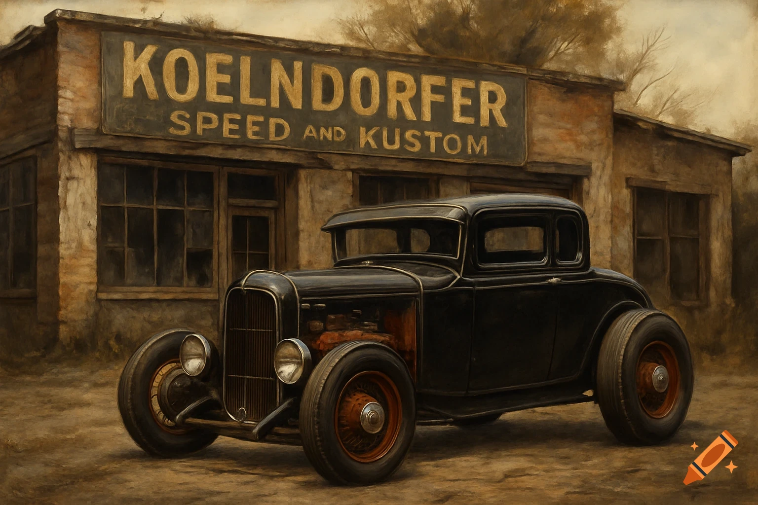 A black vintage hot rod parked in front of an old speed shop with a sign saying 'KOELNDORFER SPEED AND KUSTOM'.