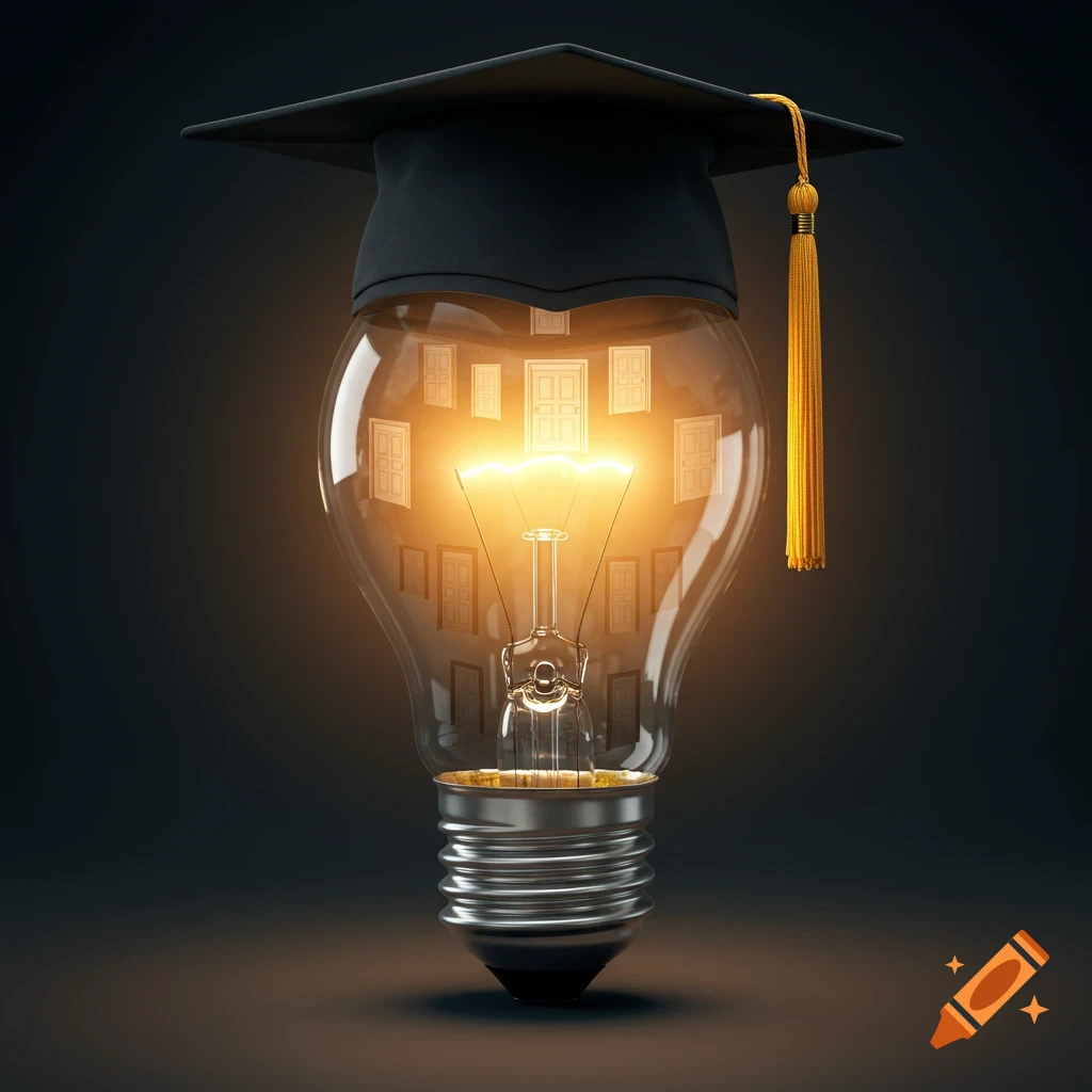 Realistic digital illustration of a light bulb wearing a graduation cap, with doors visible inside.