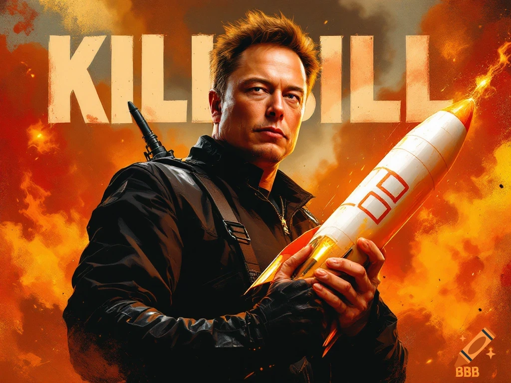 Elon Musk as a movie poster character holding a rocket, with 'Kill Bill' title and flames.