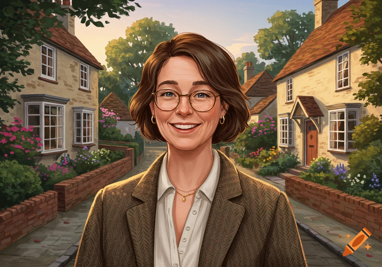 A smiling woman with glasses on a village street, illustration style