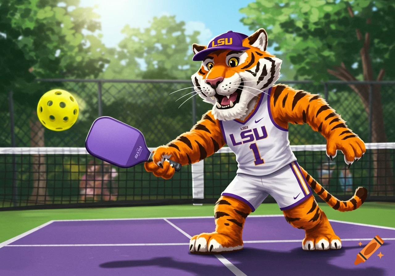 LSU tiger mascot playing pickleball on a court