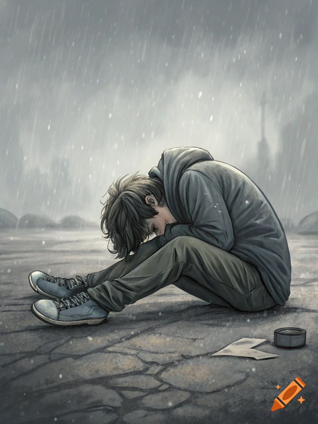 Illustration of a person sitting slumped on the ground in the rain, looking sad.