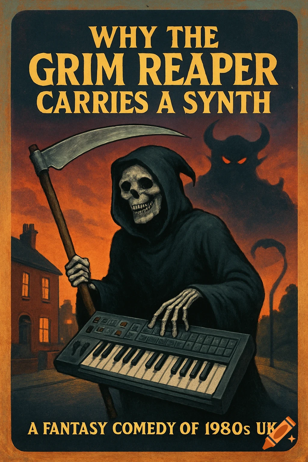 Retro book cover art of the Grim Reaper holding a scythe and playing a synthesizer, with a demon shadow in the background.
