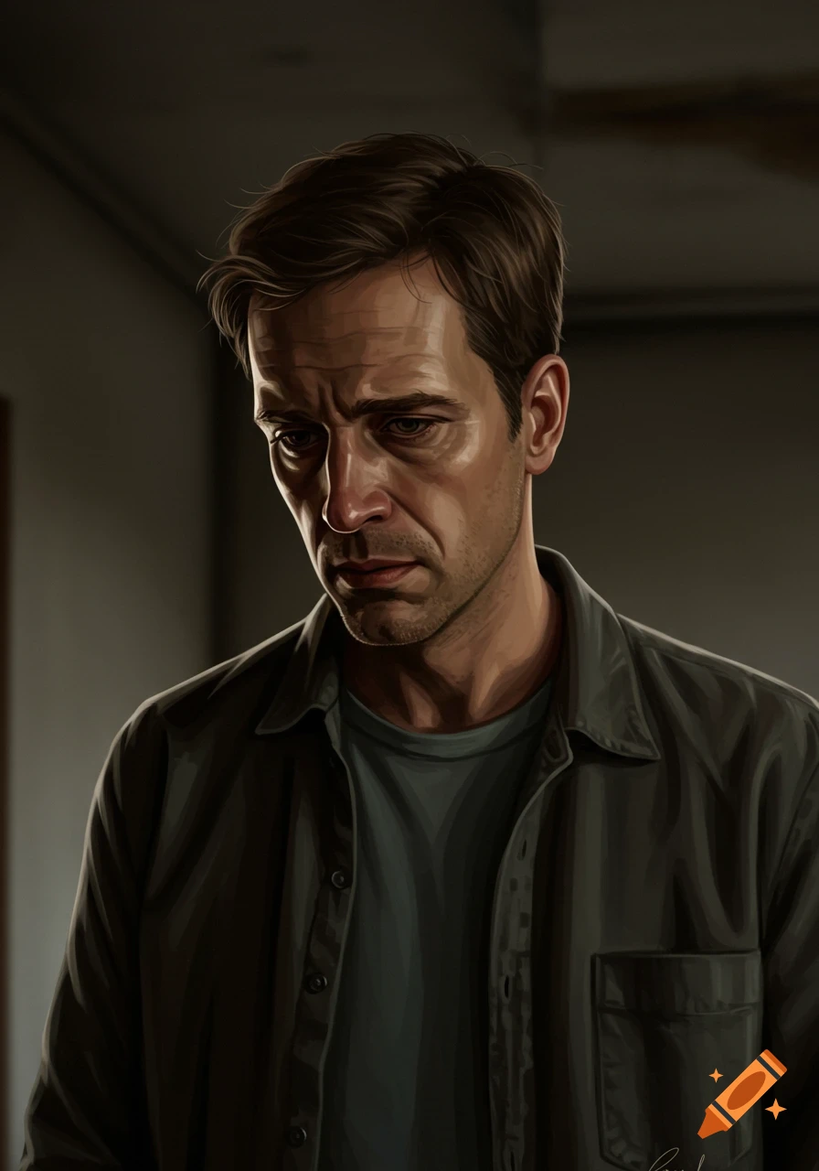 Digital painting of a man looking down with a pensive expression.