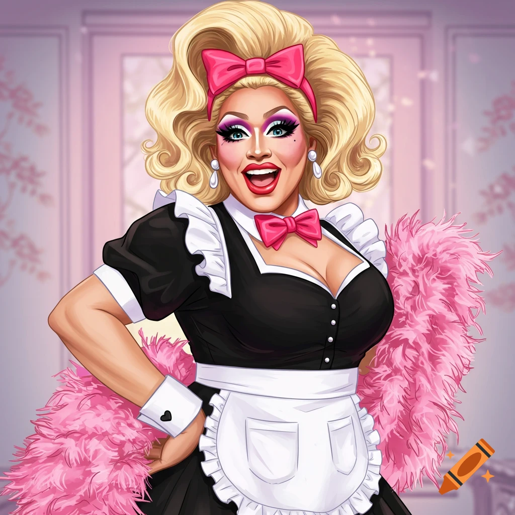 Illustration of a drag queen in a maid outfit holding a pink feather boa.