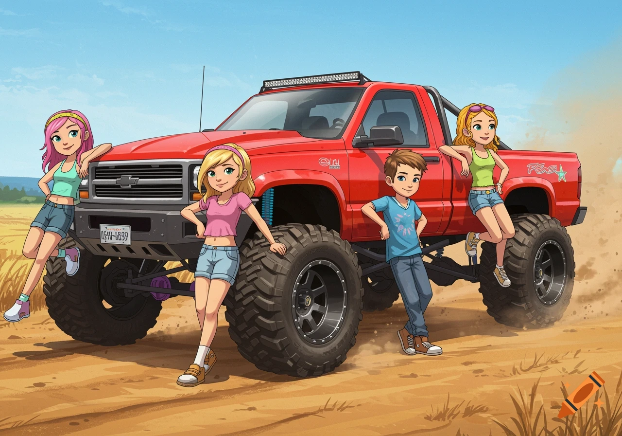 Cartoon kids pose with a large red monster truck in a dusty field.