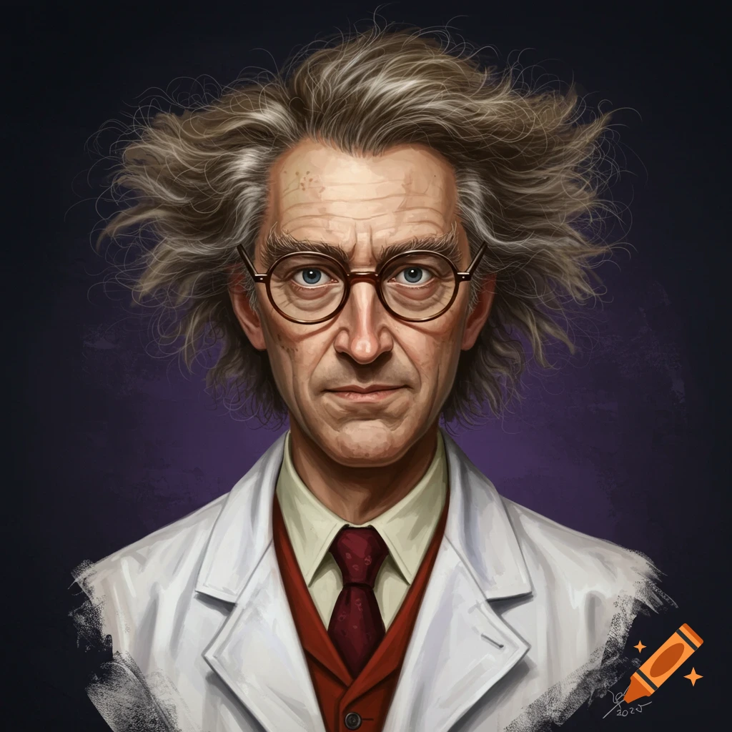 Illustration of an older man with wild hair and glasses wearing a lab coat