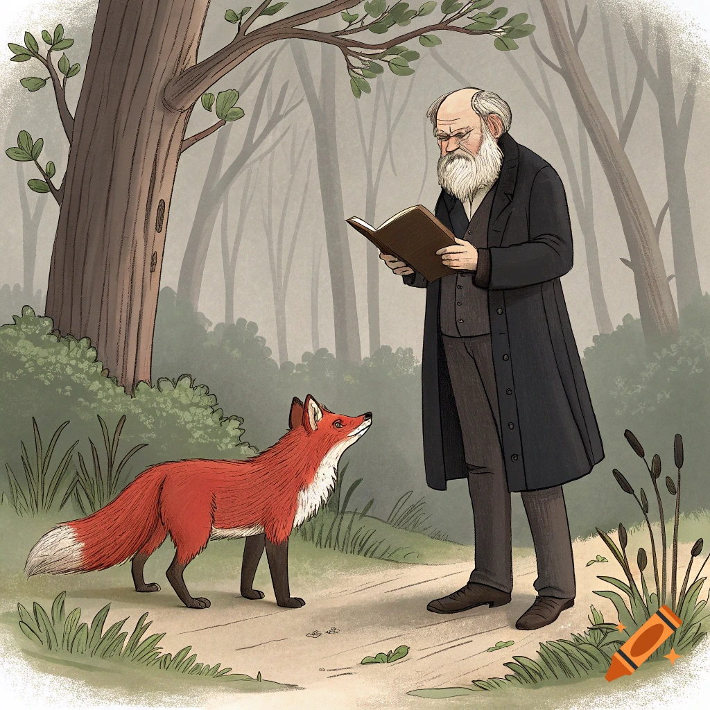 Illustration of Charles Darwin reading a book in a forest with a red fox looking up at him.