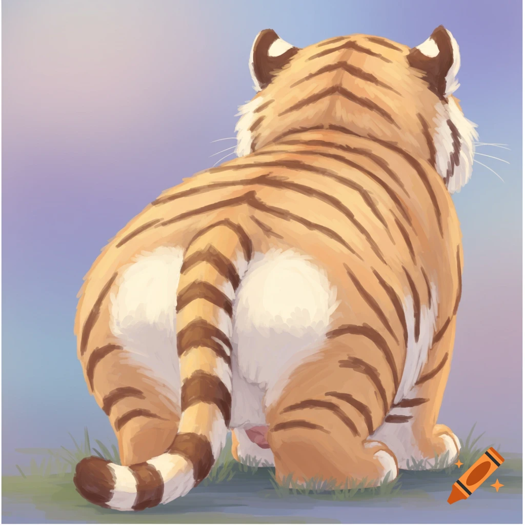 A cute cartoon tiger is viewed from behind, sitting with its tail curled.