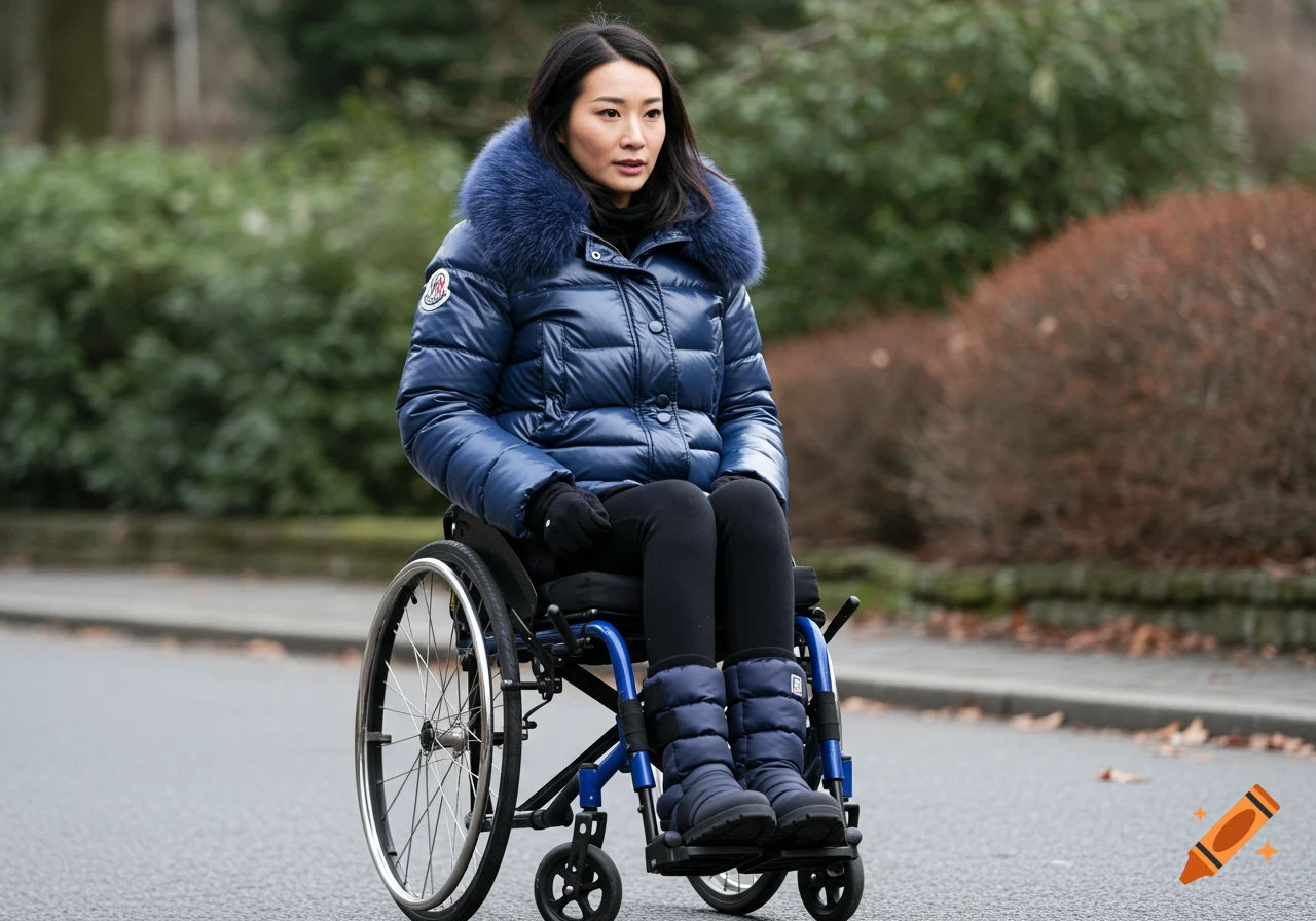 A woman in a blue puffer coat and boots pushes herself in a wheelchair down a road.