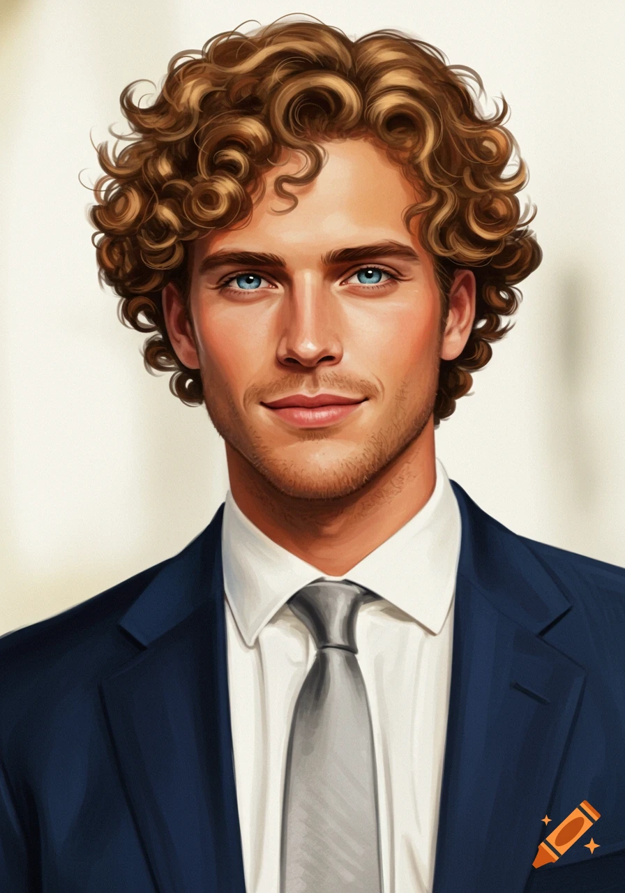 A portrait of a handsome man with curly hair wearing a suit and tie.