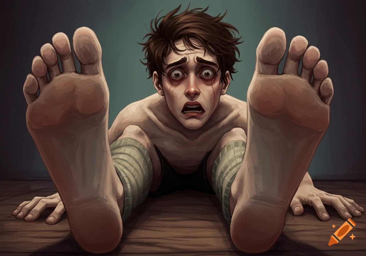 Close-up illustration of a scared person lying down, feet bandaged and prominent in foreground.
