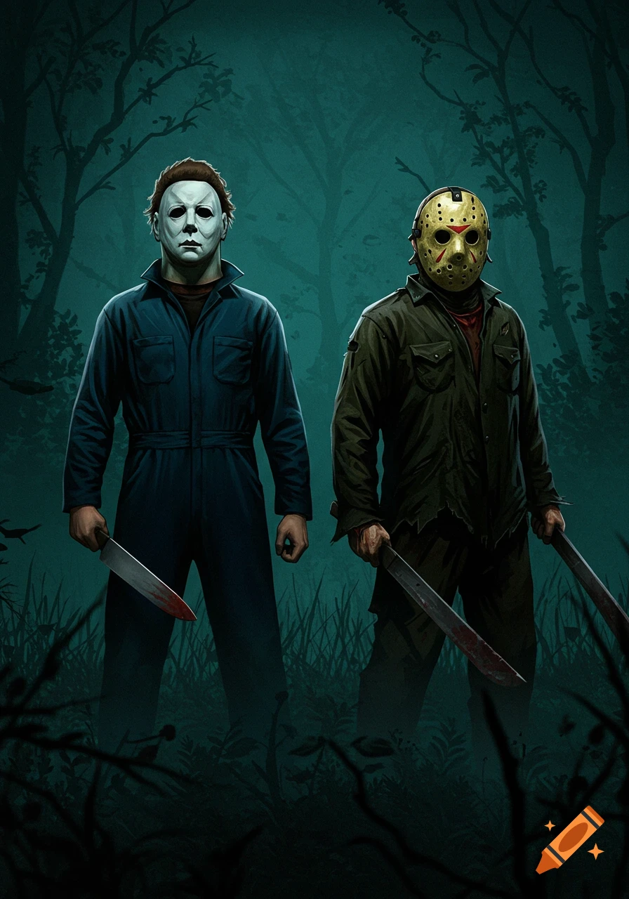 Michael Myers and Jason Voorhees stand in a dark forest holding bloody weapons.