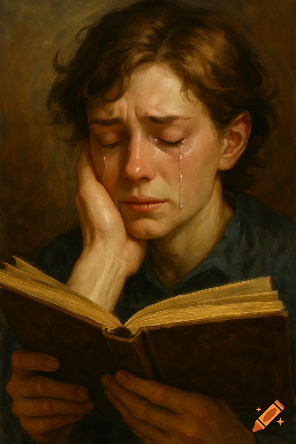 A painting of a person crying while reading a book.