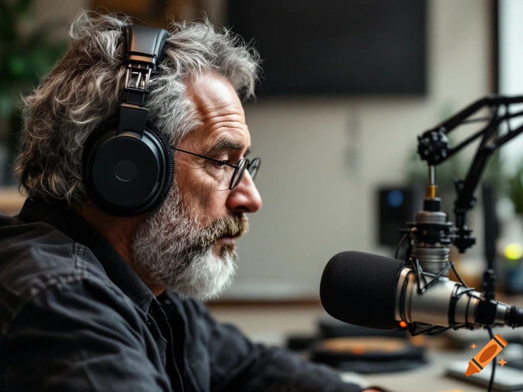 Close-up profile of a man with headphones speaking into a studio microphone.