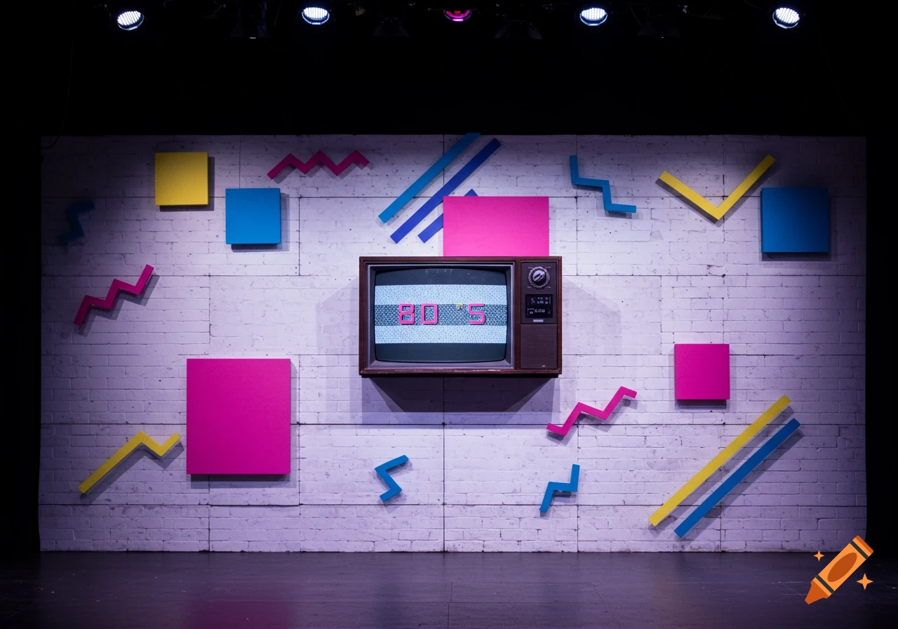 A stage backdrop with white brick wall and colorful 80s geometric shapes, featuring a retro TV displaying "80S".