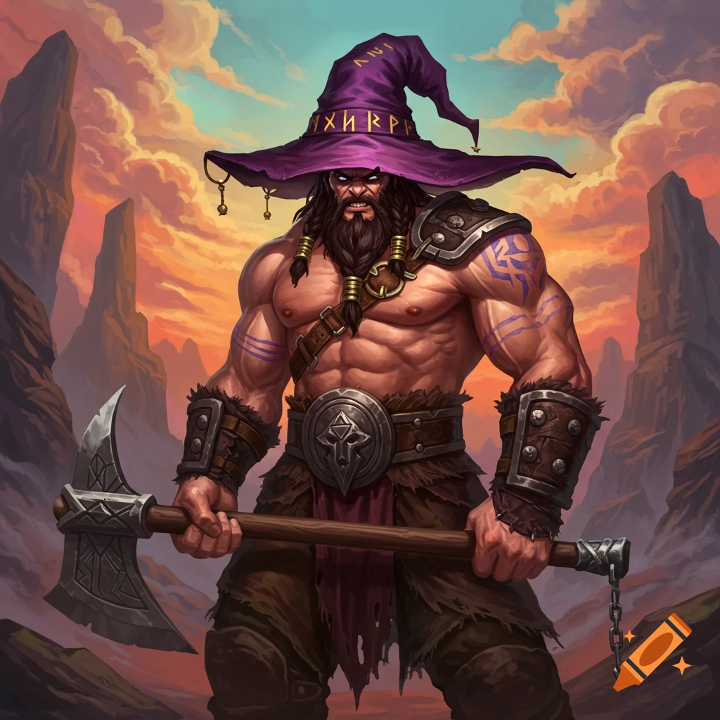 Muscular fantasy barbarian with a wizard hat holds an axe against a rocky, sunset background.