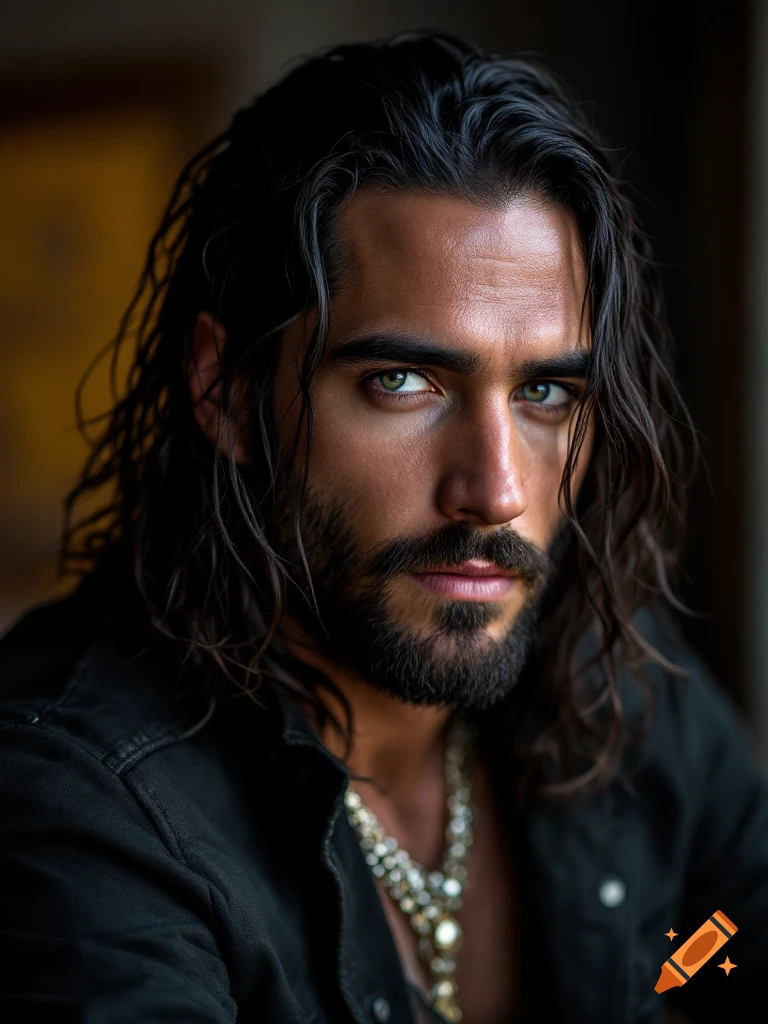 Close-up portrait of a man with long dark hair and beard wearing a black jacket and necklace.