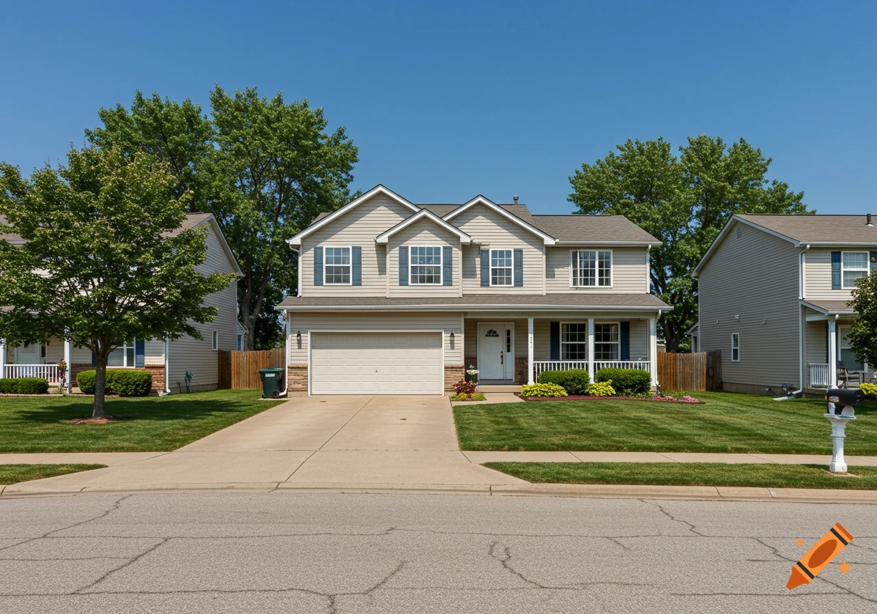 A two-story house with a garage and manicured lawn on a sunny day.