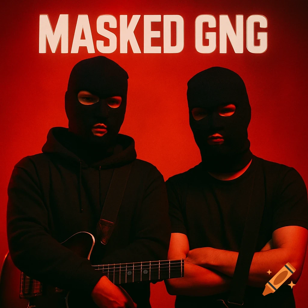 Two people in black balaclavas with a guitar against a red background, text 'MASKED GNG' above.