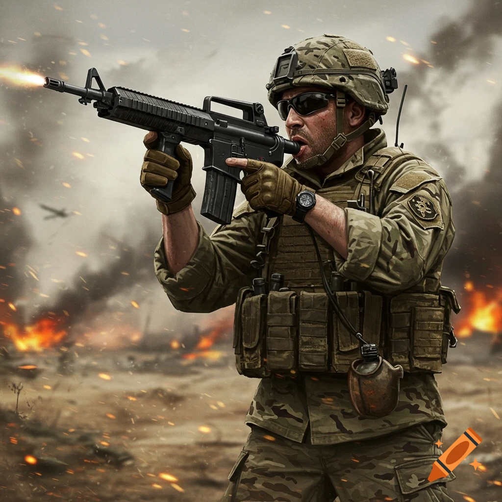 Photorealistic image of a soldier in camouflage firing a rifle during combat with explosions in the background.