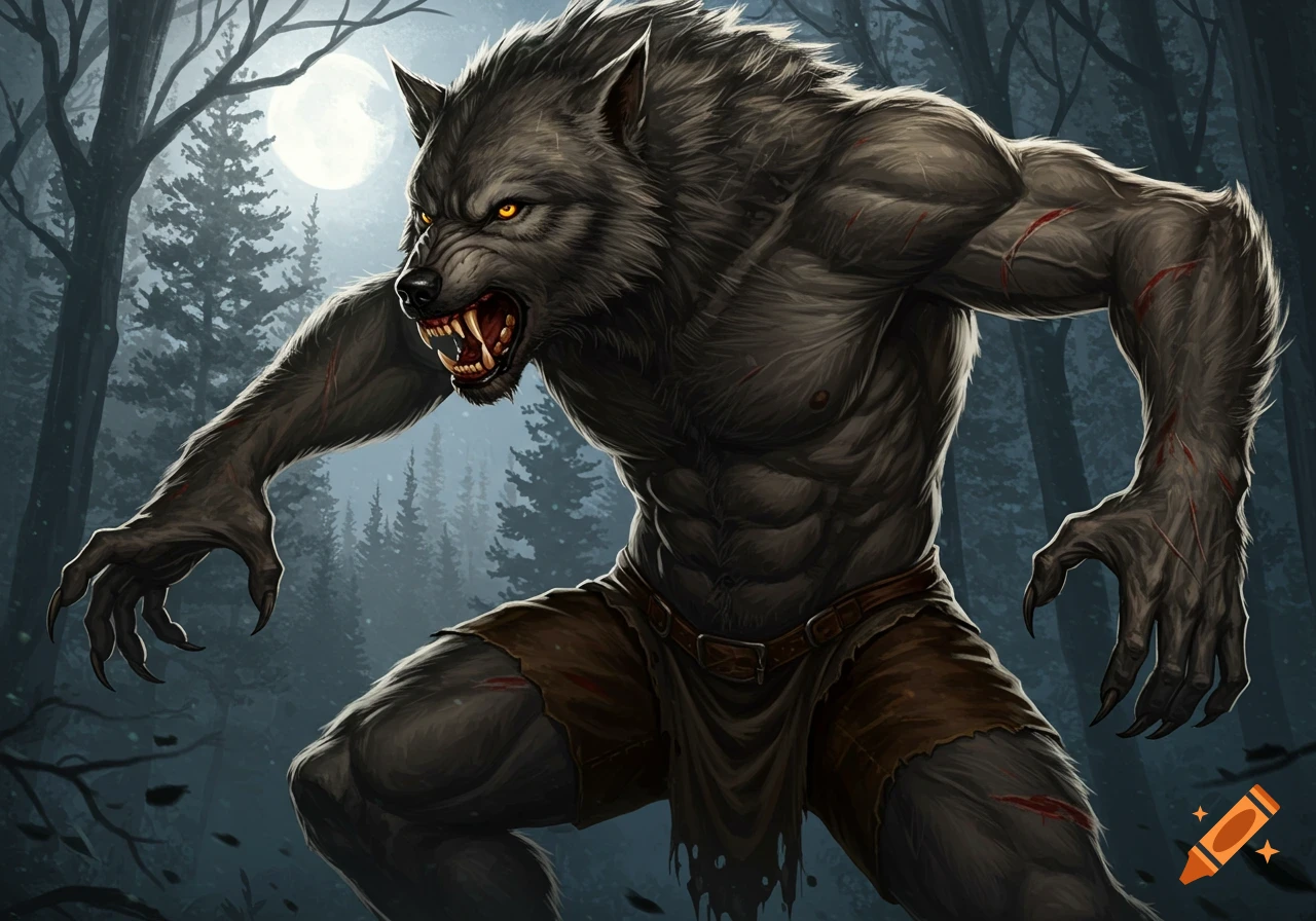 A muscular werewolf stands in a forest at night under a full moon, stylized art.