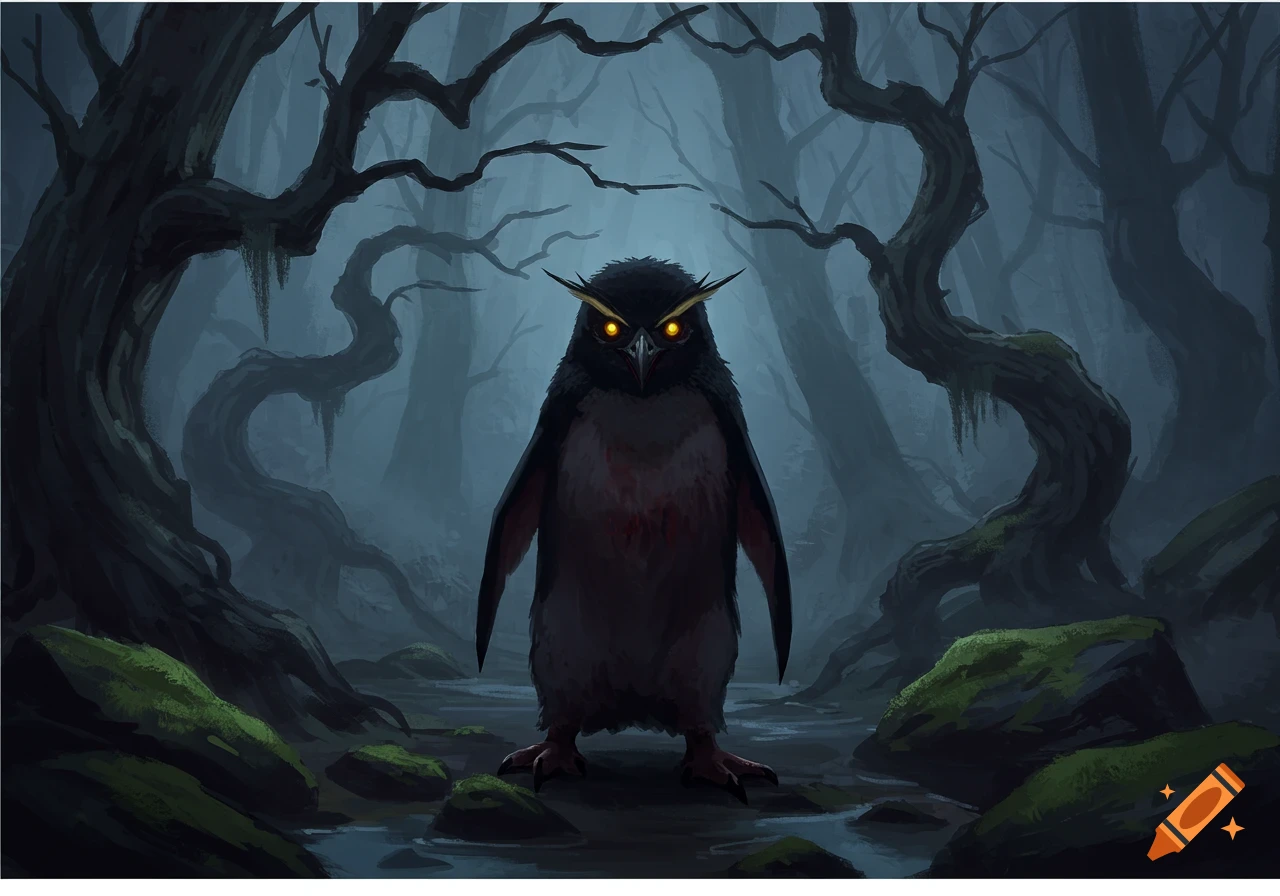 A creepy penguin with glowing yellow eyes stands in a dark, twisted forest