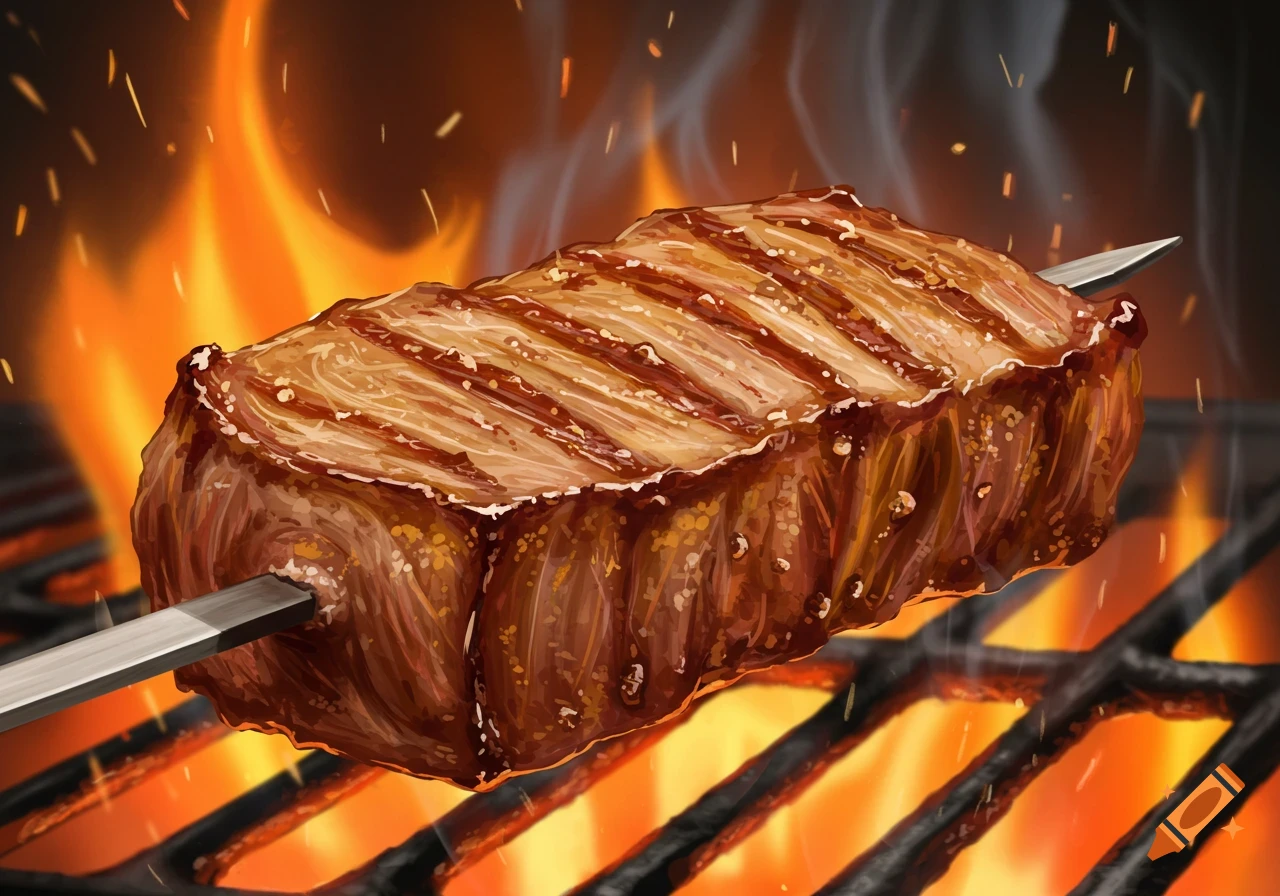 Close-up of a steak on a skewer grilling over flames.