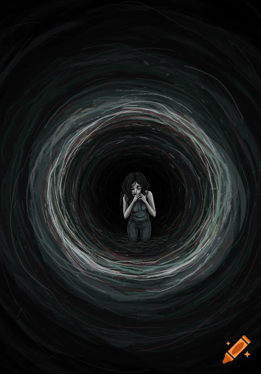 Drawing of a distressed person kneeling in a dark, swirling vortex.