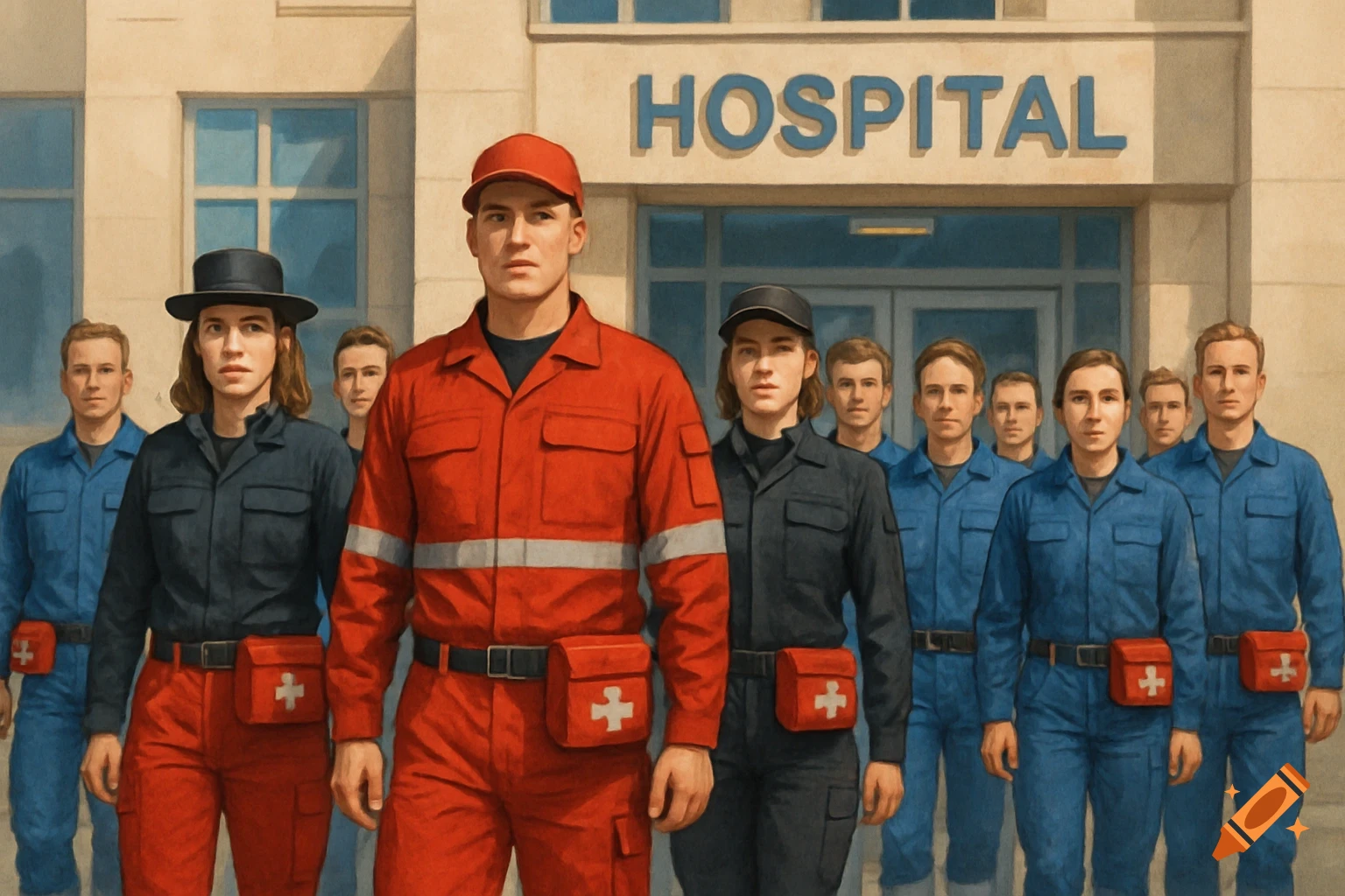 Group of people in medical uniforms standing in front of a hospital in a painting style