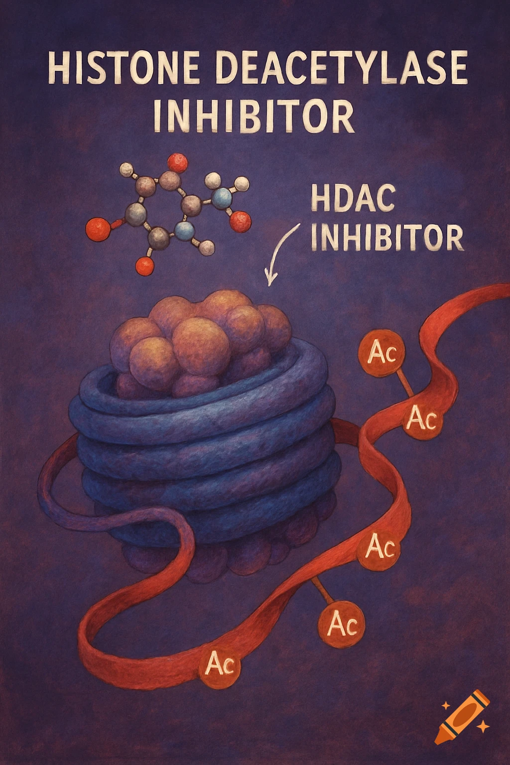 Illustration of a histone deacetylase inhibitor affecting a nucleosome and a histone tail with acetyl groups.