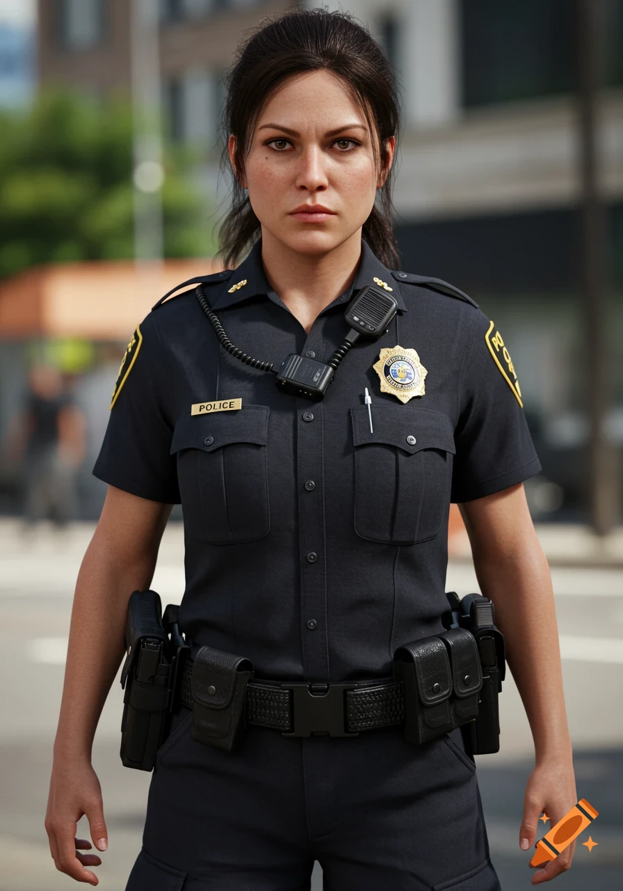 A realistic photograph of a woman in a police uniform standing outdoors.