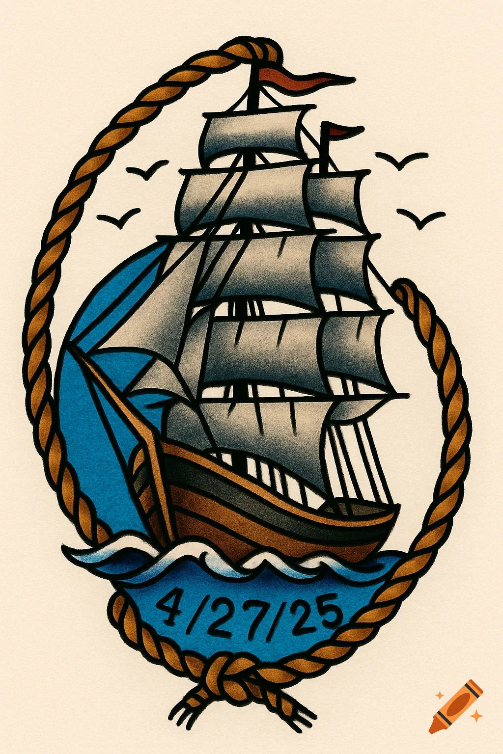 American traditional style tattoo design of a sailing ship within a rope oval, with the date 4/27/25 below it.
