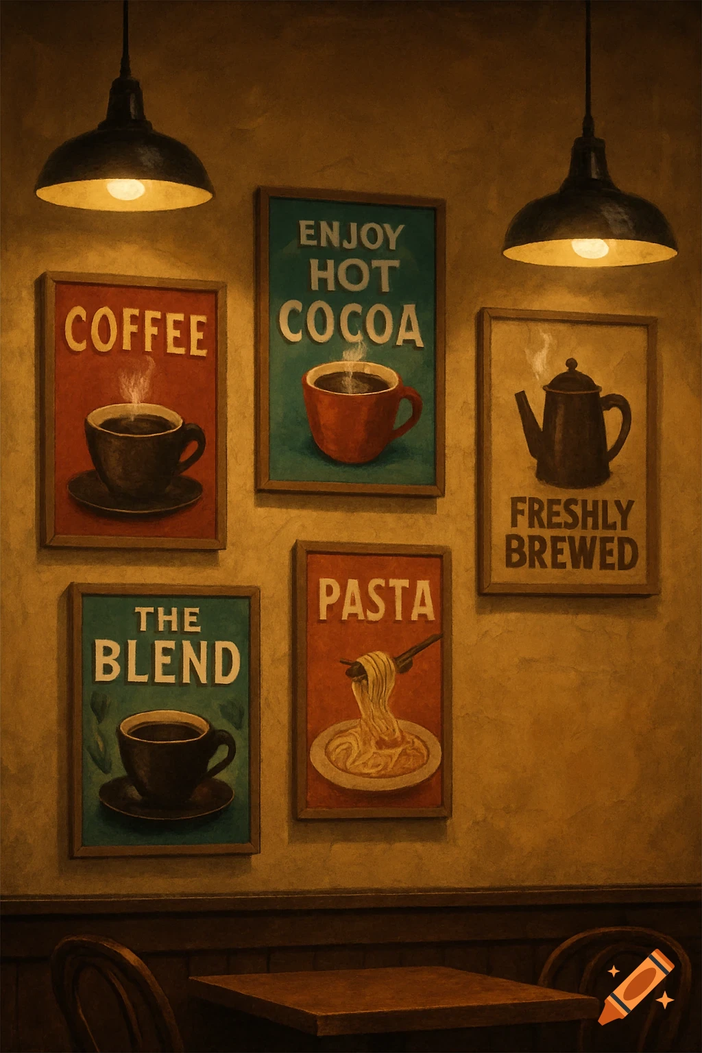 A cozy cafe wall with framed posters advertising coffee, hot cocoa, freshly brewed drinks, pasta, and a blend, lit by hanging lamps.