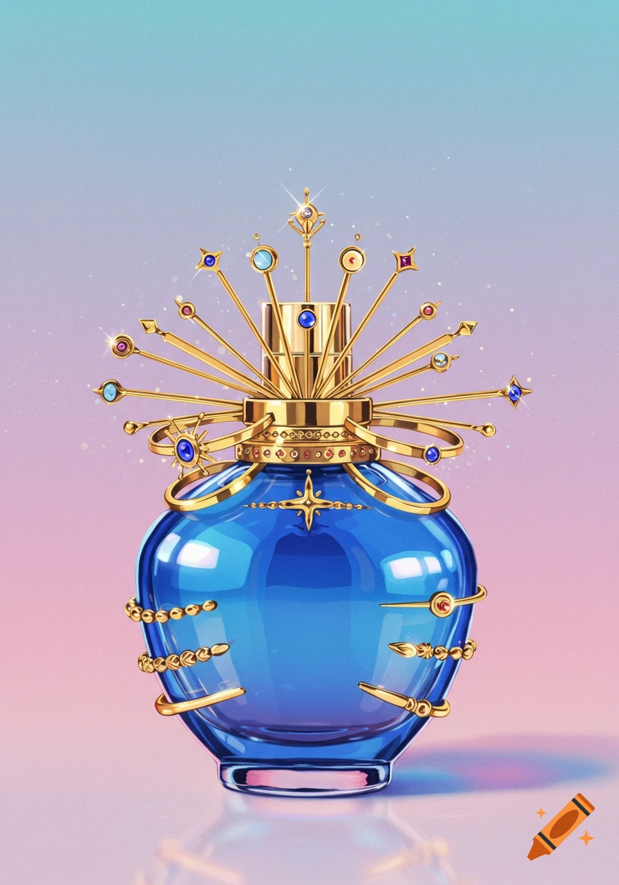 A blue perfume bottle with intricate gold and jewel decoration against a pastel gradient background.