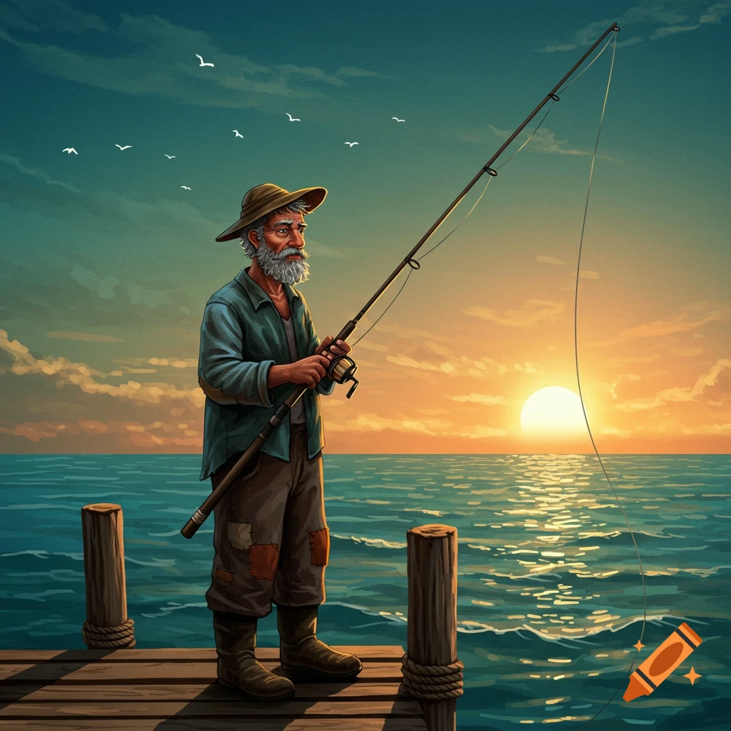 Illustration of an old man with a beard fishing from a wooden dock overlooking the sea at sunset.