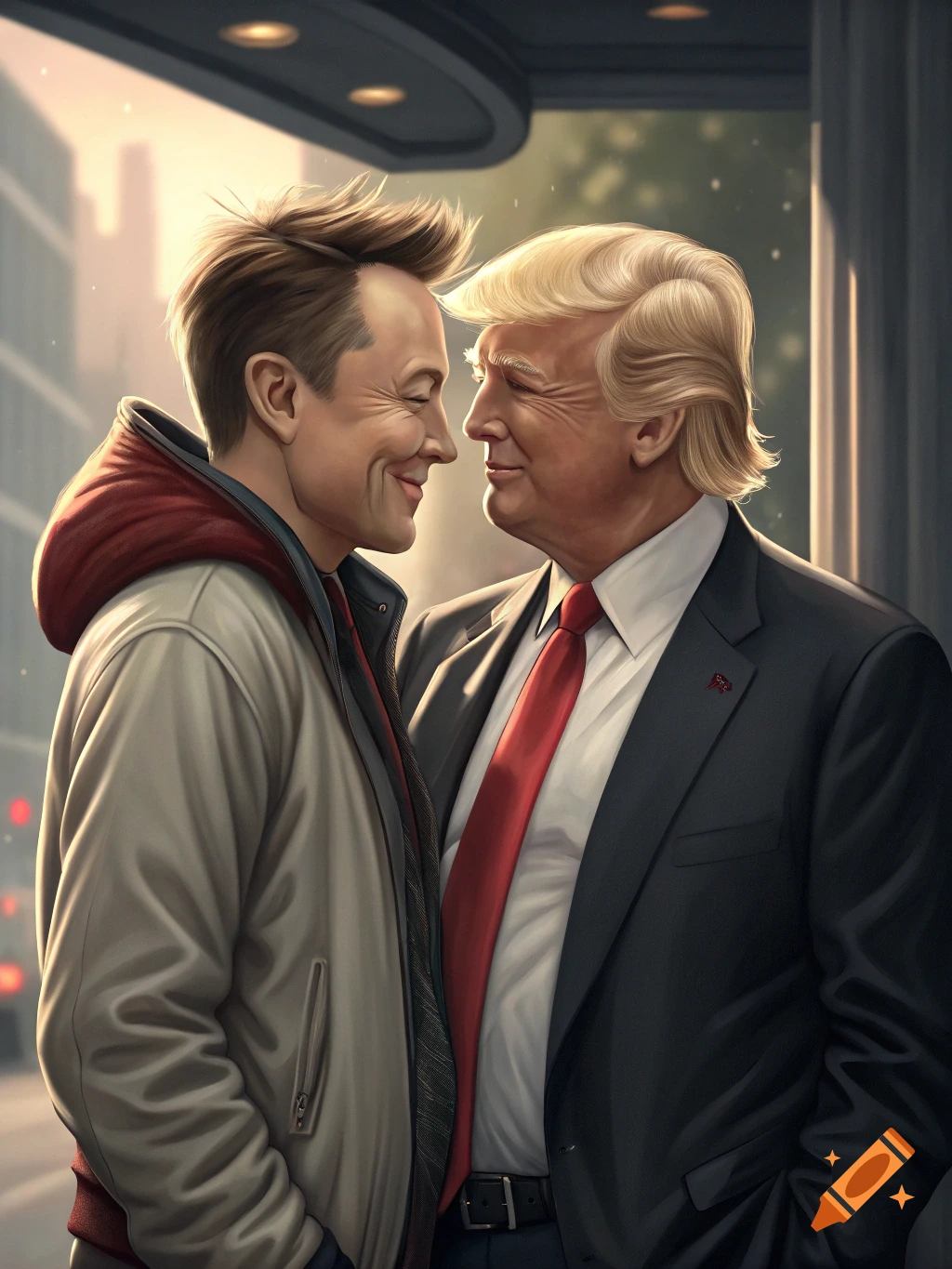 Photorealistic portrait of Elon Musk and Donald Trump looking intimately at each other.