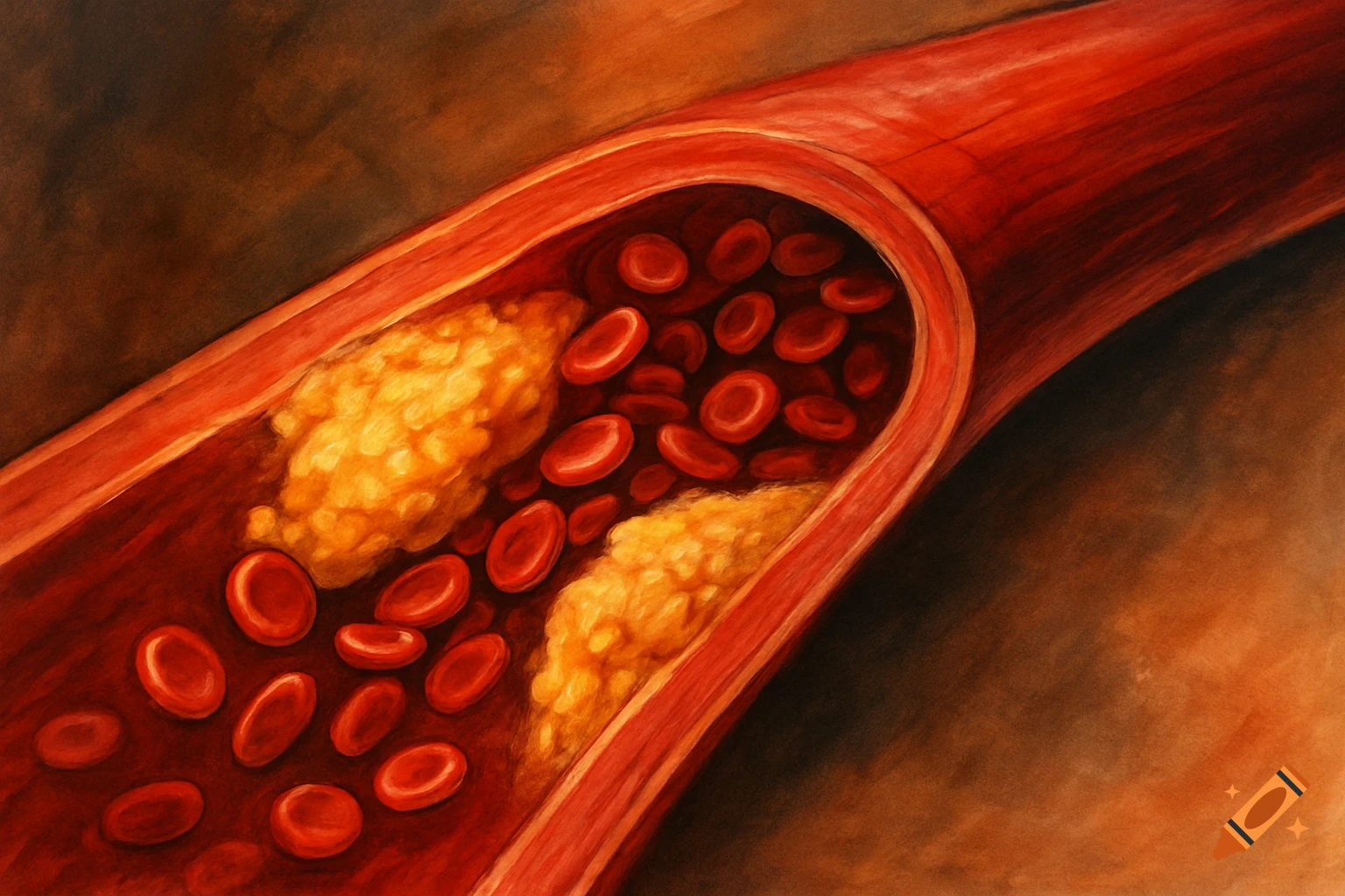 Illustration of atherosclerosis showing plaque inside a blood vessel with red blood cells.