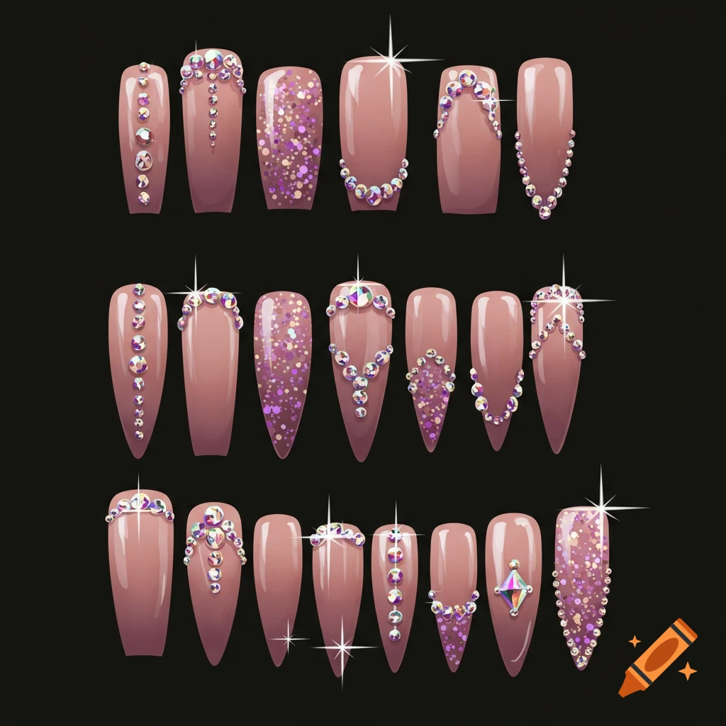 Rows of various press-on nails decorated with rhinestones and purple glitter on a black background.