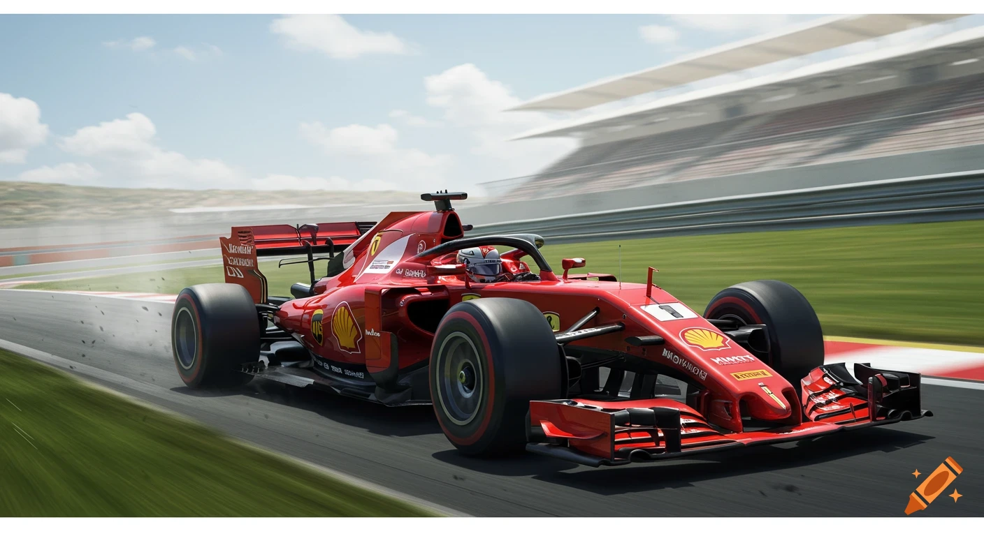 Red Formula 1 racing car on track with motion blur