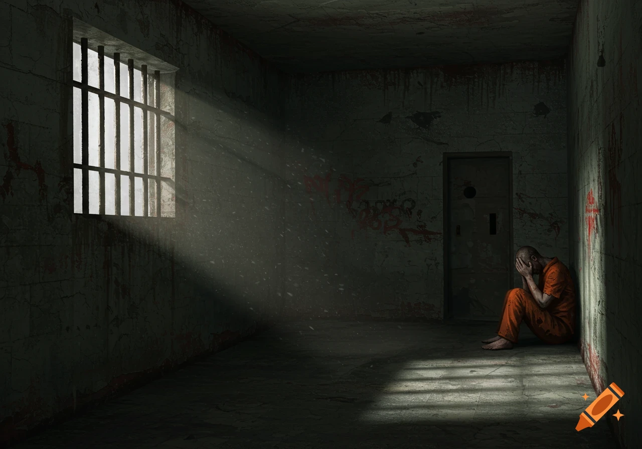 Man sits covering face in a dark, grungy prison cell with light through barred window.