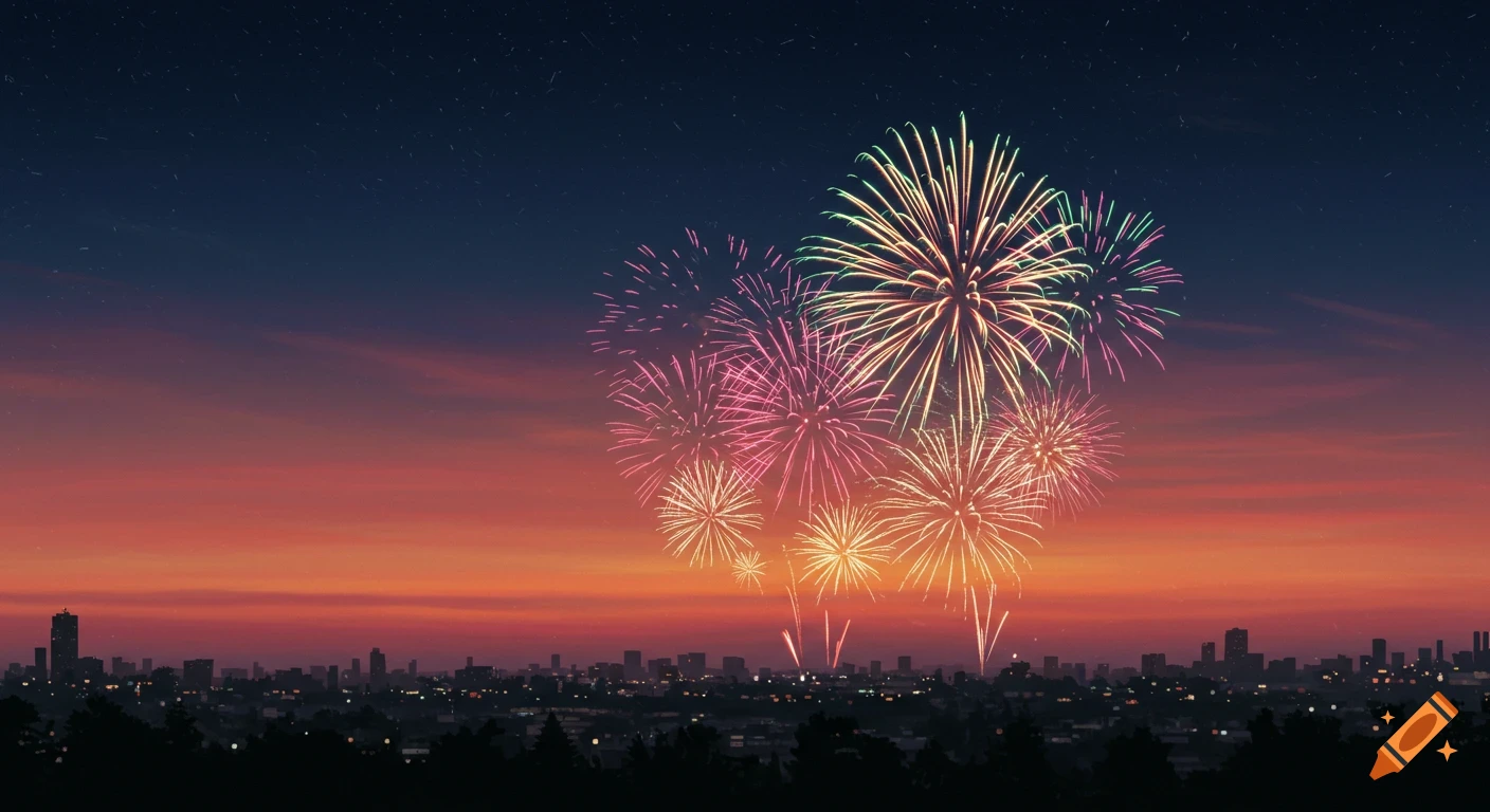 Fireworks explode over a silhouetted city skyline against a vibrant orange and blue sunset sky.
