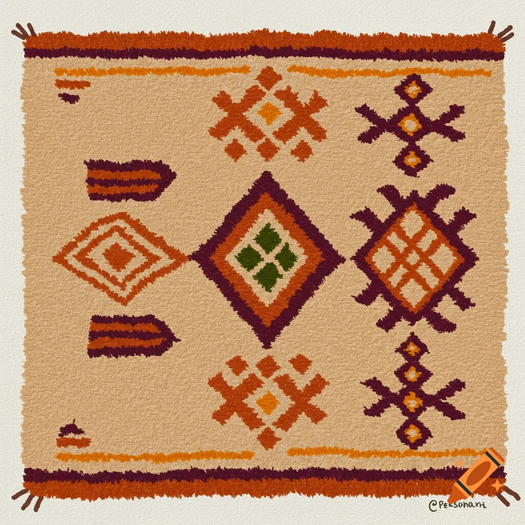 A colorful geometric pattern resembling tufted yarn art or a rug.