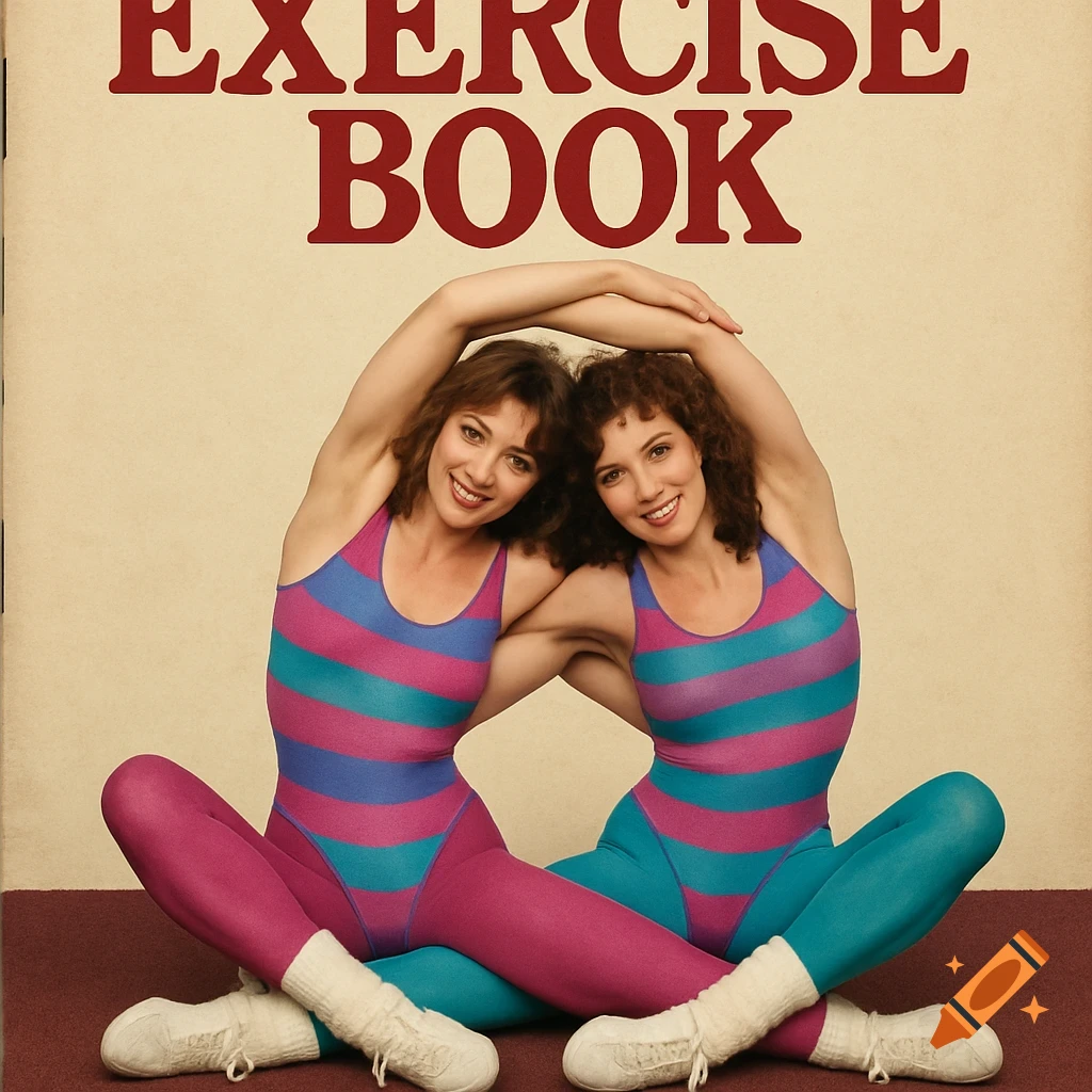 Two women in colorful 1980s leotards doing partner stretches on a vintage exercise book cover