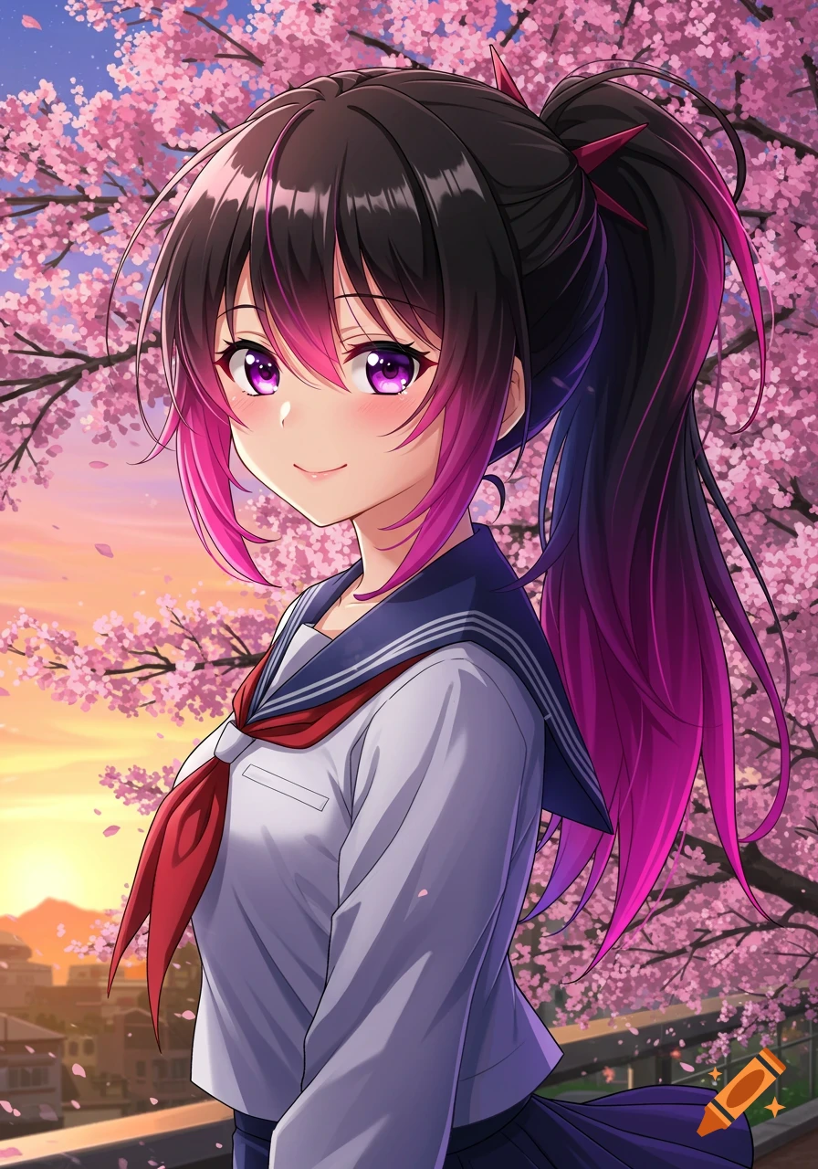 Anime girl with black, pink, and purple hair in a ponytail stands under cherry blossoms at sunset.