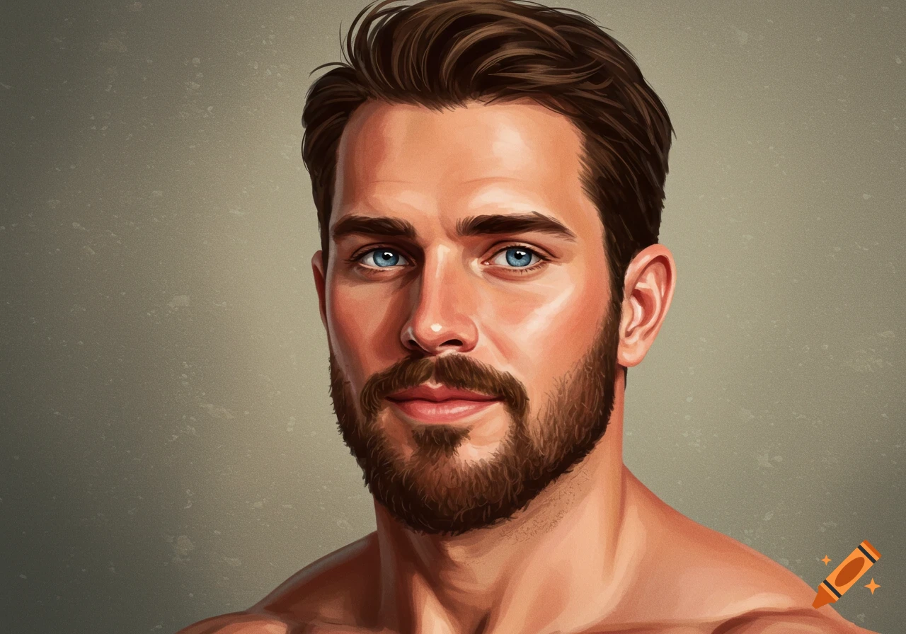 Digital illustration of a man with blue eyes and a beard.